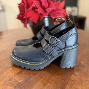 Dr Martens Eviee Black Leather Chunky Platform Heel Buckle Mary Jane Boots US 8